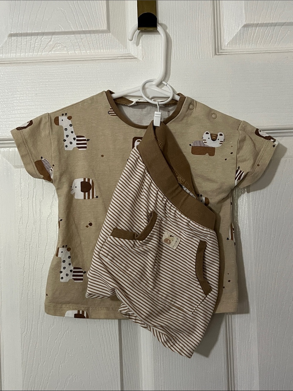 Mayoral Beige Animal Print Tee with Striped Brown Shorts Set 6-9 Months